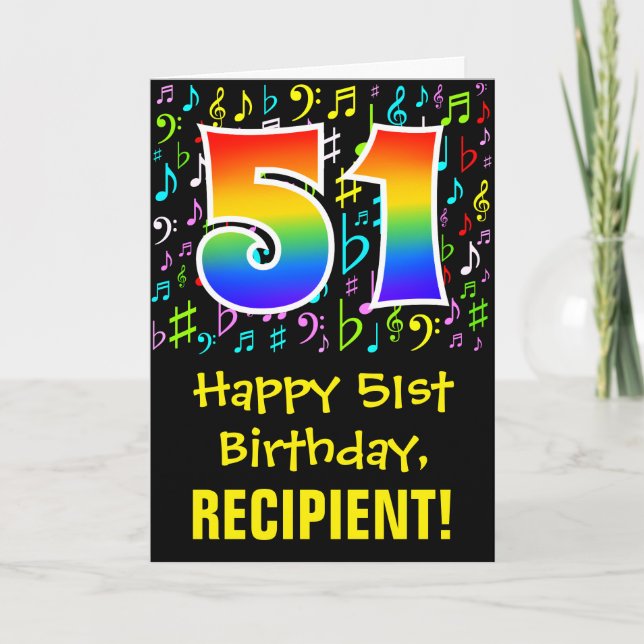 51st Birthday: Colorful Music Symbols + Rainbow 51 Card (Front)