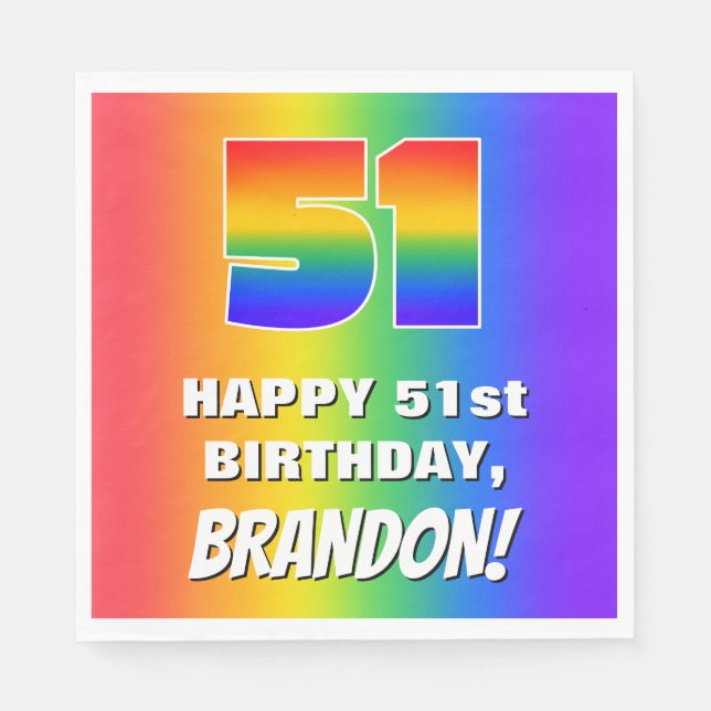 51st Birthday: Colourful, Fun Rainbow Pattern # 51 Napkin (Front)
