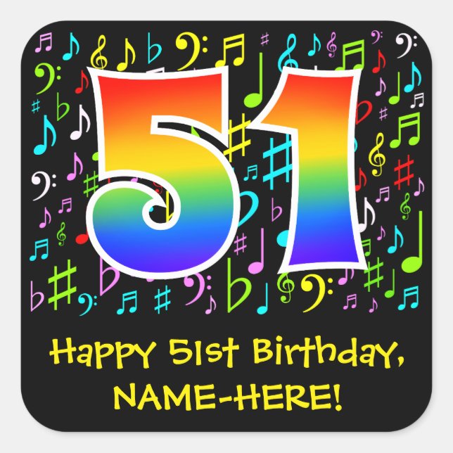 51st Birthday: Colourful Music Symbols, Rainbow 51 Square Sticker (Front)