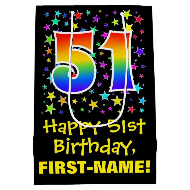 51st Birthday: Colourful Stars Pattern & Rainbow 5 Medium Gift Bag (Back)
