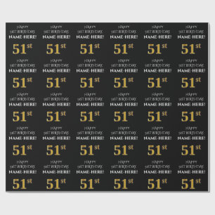 51st Birthday: Elegant, Black, Faux Gold Look Wrapping Paper