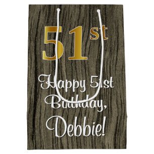 51st Birthday: Elegant Faux Gold Look #, Faux Wood Medium Gift Bag