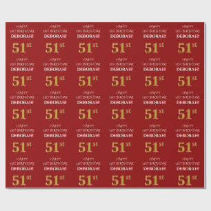 51st Birthday: Elegant, Red, Faux Gold Look Wrapping Paper