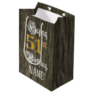51st Birthday: Faux Gold Look & Faux Wood Pattern Medium Gift Bag