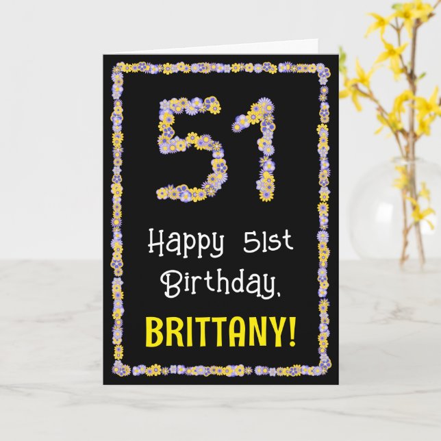 51st Birthday: Floral Flowers Number, Custom Name Card (Yellow Flower)
