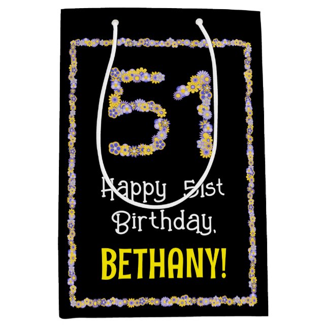 51st Birthday: Floral Flowers Number, Custom Name Medium Gift Bag (Front)