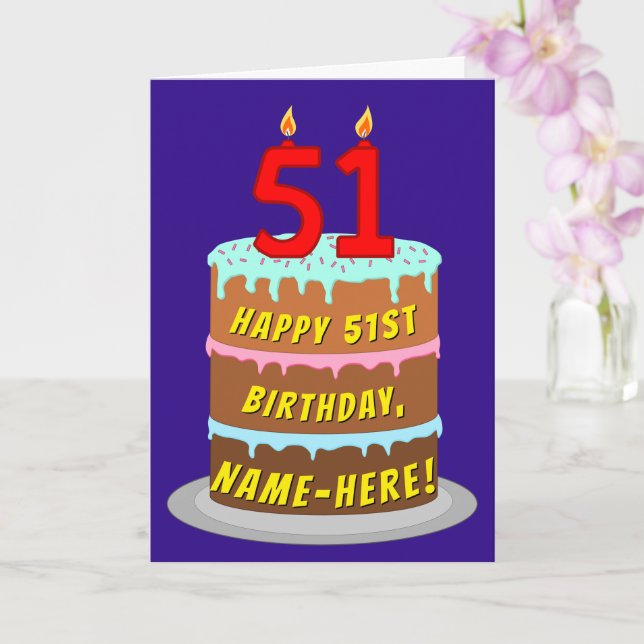 51st Birthday: Fun Cake and Candles + Custom Name Card (Orchid)