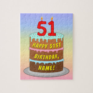 51st Birthday: Fun Cake and Candles + Custom Name Jigsaw Puzzle