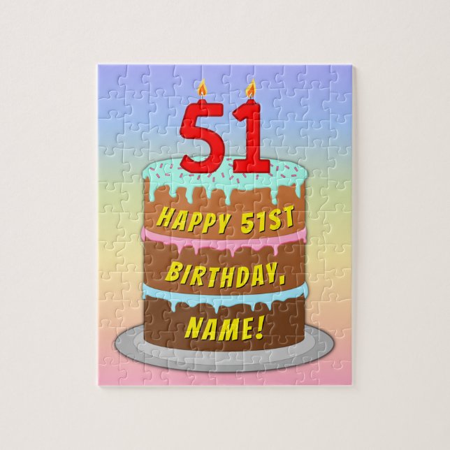 51st Birthday: Fun Cake and Candles + Custom Name Jigsaw Puzzle (Vertical)