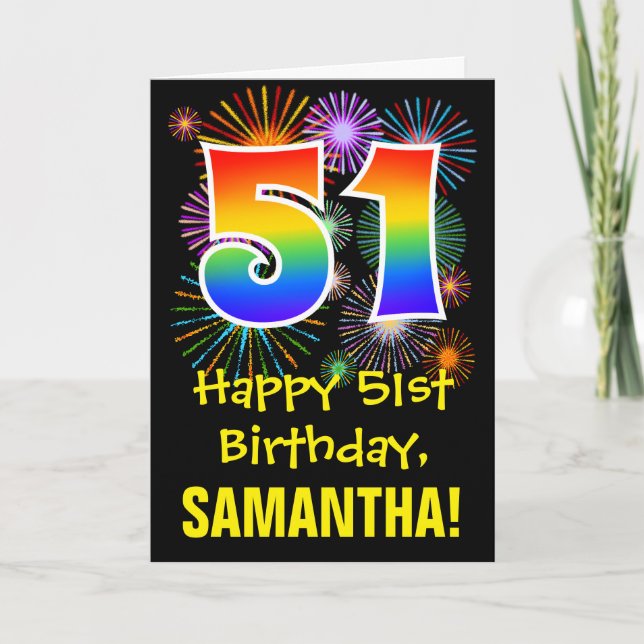 51st Birthday: Fun Fireworks Pattern + Rainbow 51 Card (Front)