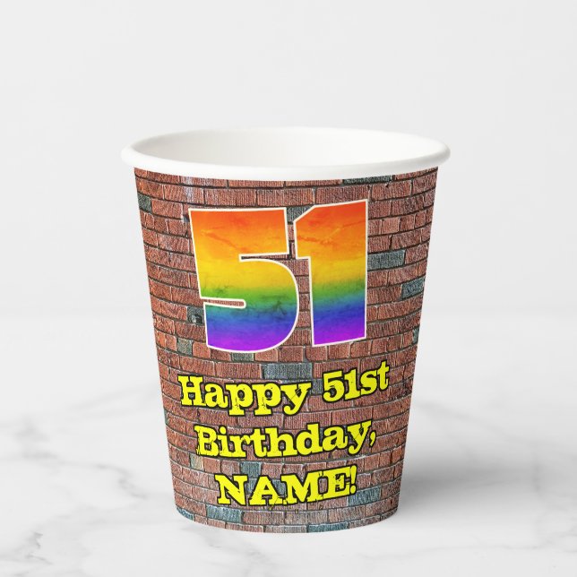 51st Birthday: Fun Graffiti-Inspired Rainbow 51 Paper Cups (Front)