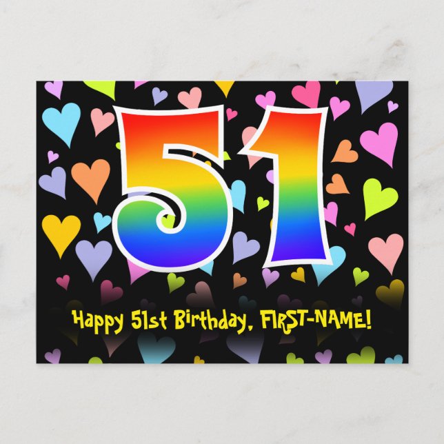 51st Birthday: Fun Hearts Pattern, Rainbow 51 Postcard (Front)