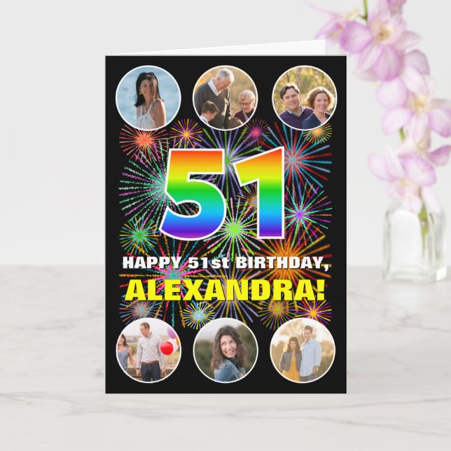 51st Birthday: Fun Rainbow #, Custom Name & Photos Card (Orchid)