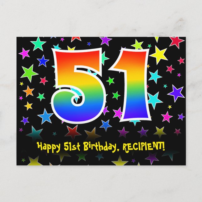 51st Birthday: Fun Stars Pattern, Rainbow 51, Name Postcard (Front)