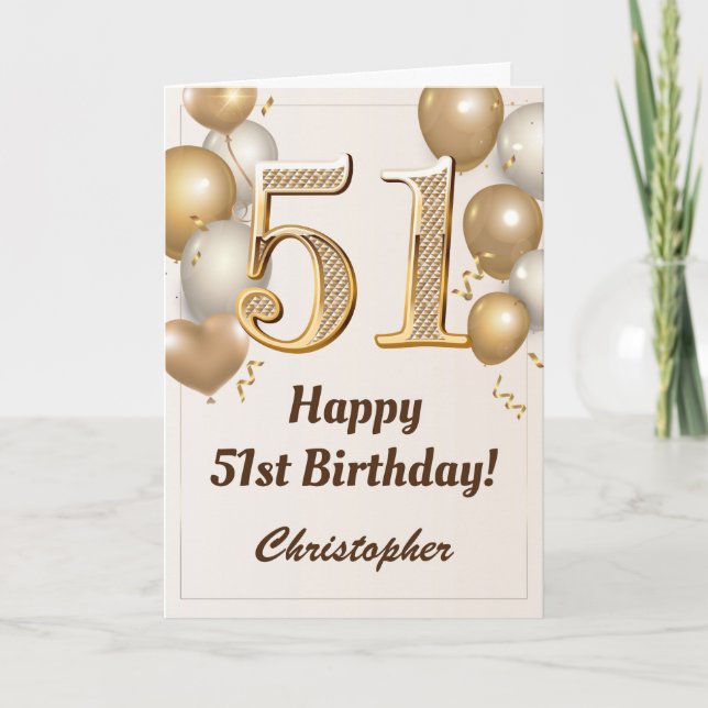 51st Birthday Gold Balloons and Confetti Birthday Card (Front)