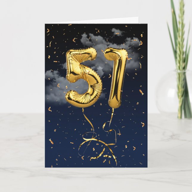51st Birthday Gold Mylar Balloon and Confetti Card (Front)