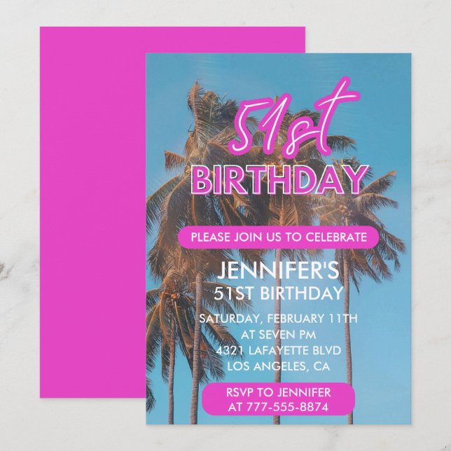 51st birthday invitation Summer Pink Palm tree (Front/Back)