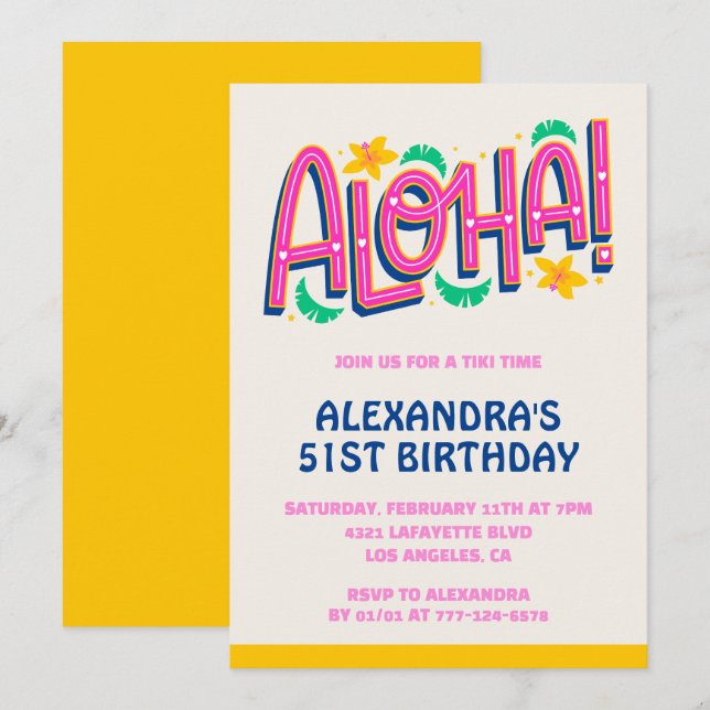 51st birthday invitations Tropical Aloha Hawaii (Front/Back)