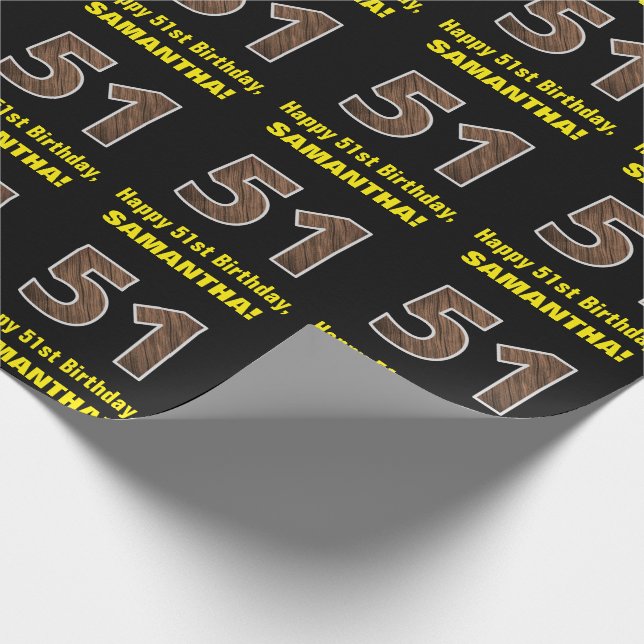 51st Birthday: Name & Faux Wood Grain Pattern "51" Wrapping Paper (Corner)