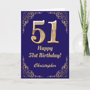 51st Birthday Navy Blue and Gold Glitter Frame Card