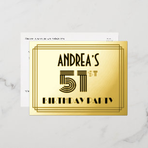 51st Birthday Party ~ Art Deco Style “51” + Name Foil Invitation Postcard