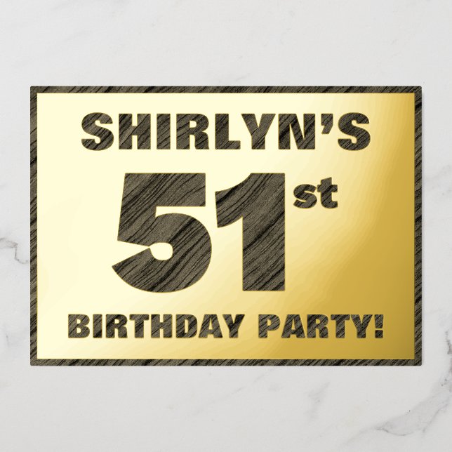 51st Birthday Party — Bold, Faux Wood Grain Text (Front)