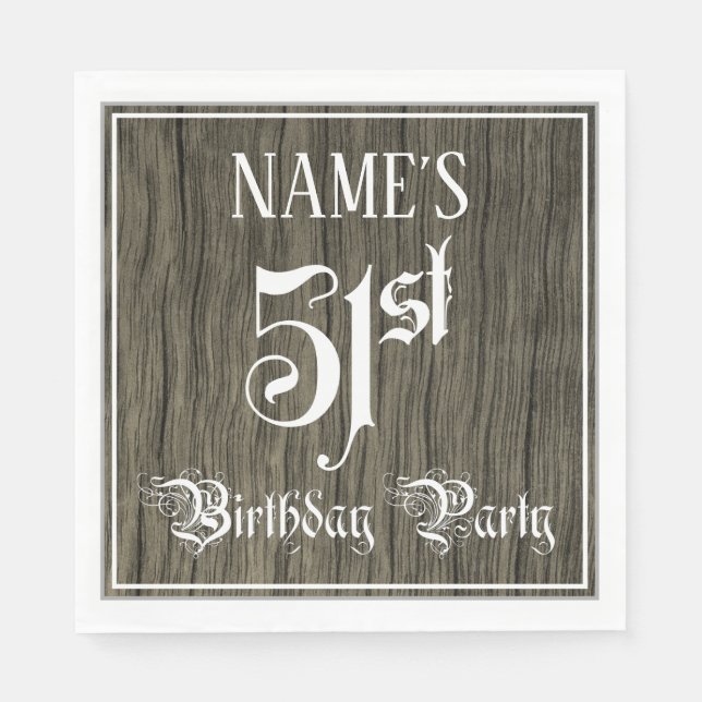 51st Birthday Party — Fancy Script, Faux Wood Look Napkin (Front)