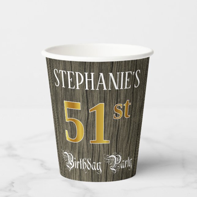 51st Birthday Party — Faux Gold & Faux Wood Looks Paper Cups (Front)