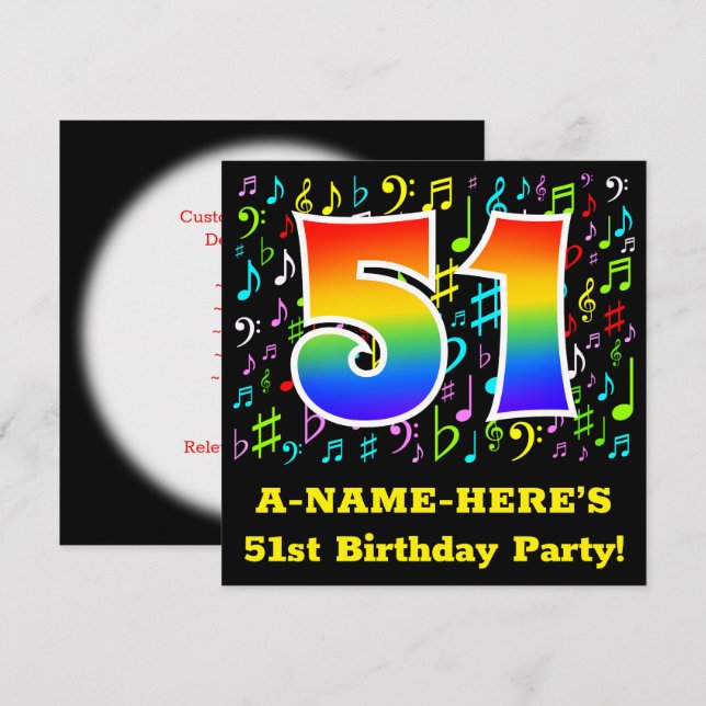 51st Birthday Party: Fun Music Symbols, Rainbow 51 Invitation (Front/Back)