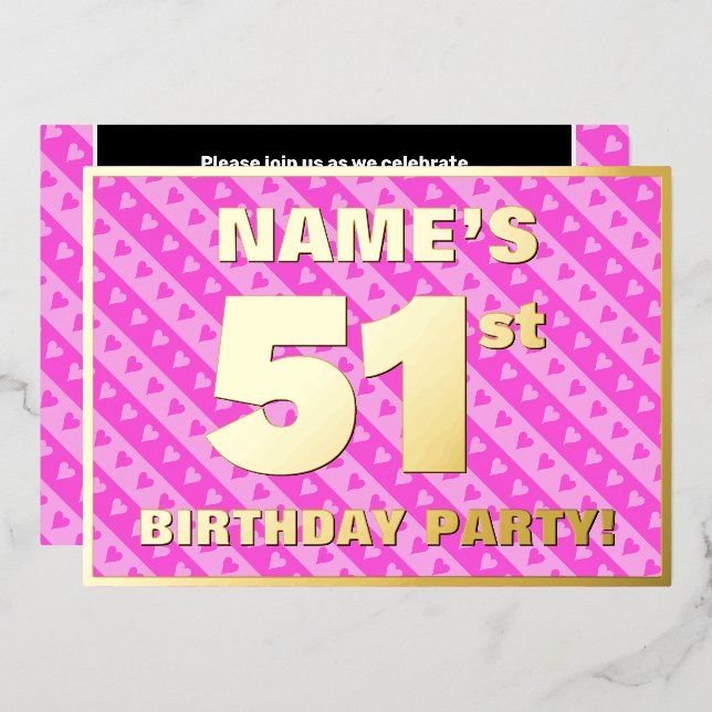 51st Birthday Party — Fun Pink Hearts and Stripes (Front/Back)