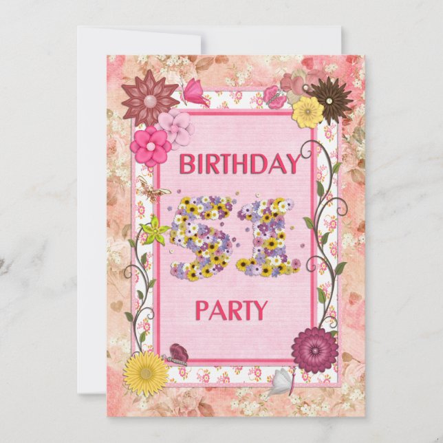 51st birthday party invitation with floral frame (Front)