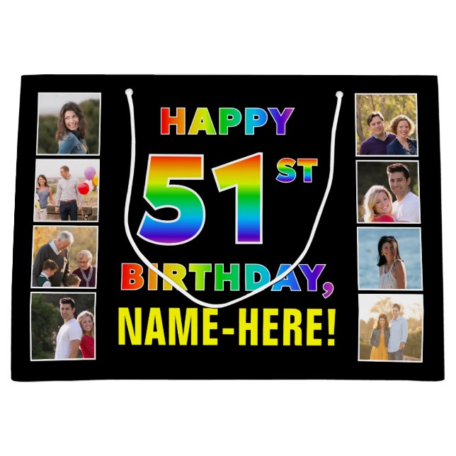 51st Birthday: Rainbow Text, Custom Photos & Name Large Gift Bag (Front)