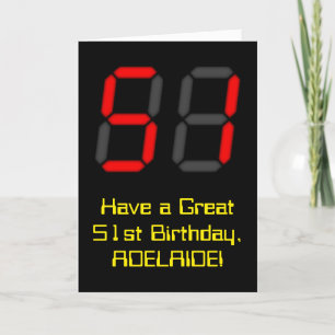 51st Birthday: Red Digital Clock Style "51" + Name Card
