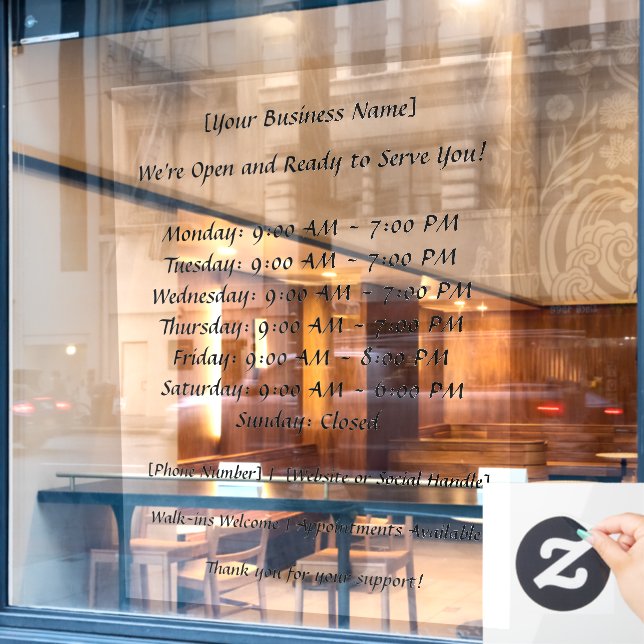 52" x72" Open Business Hours Window Cling (Cafe Window)
