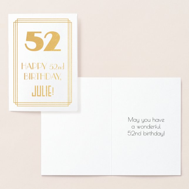 52nd Birthday: Art Deco Inspired Look "52" & Name Foil Card (Display)