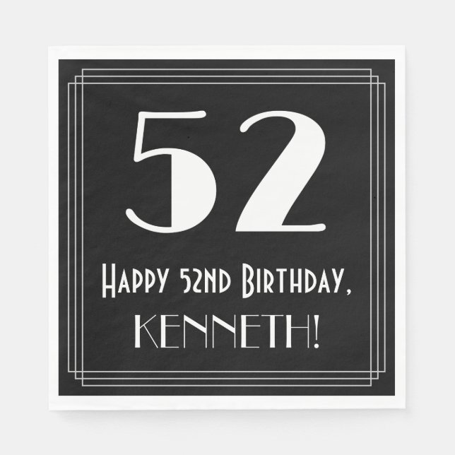 52nd Birthday ~ Art Deco Inspired Look "52", Name Napkin (Front)