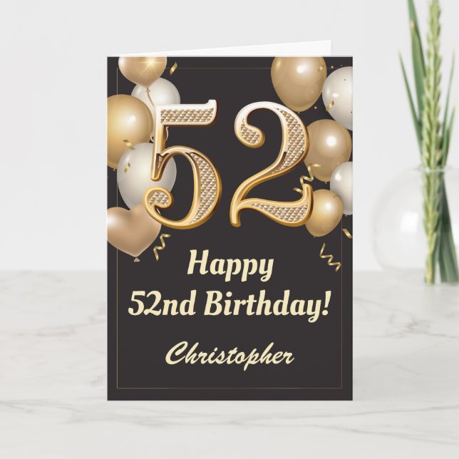 52nd Birthday Black and Gold Balloons Confetti Card (Front)