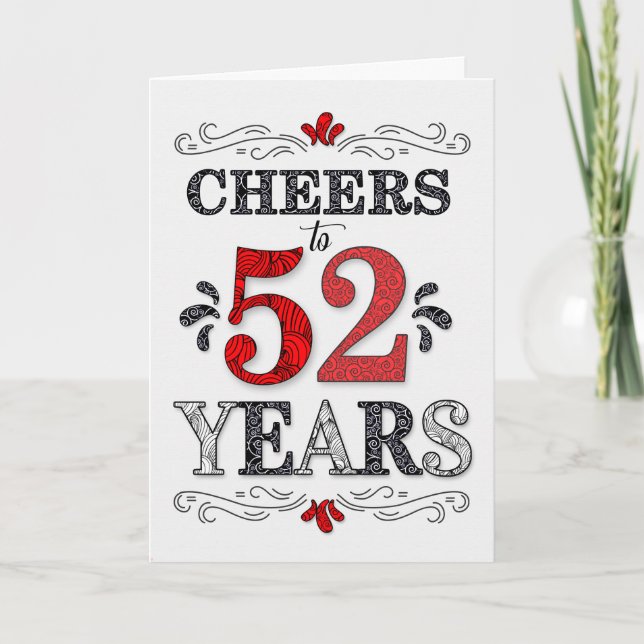52nd Birthday Cheers in Red White Black Pattern Card (Front)