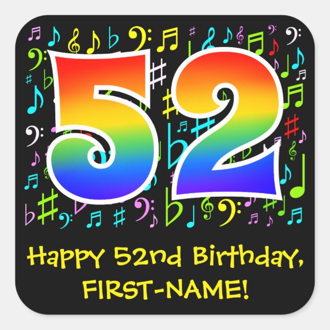 52nd Birthday: Colourful Music Symbols, Rainbow 52 Square Sticker (Front)