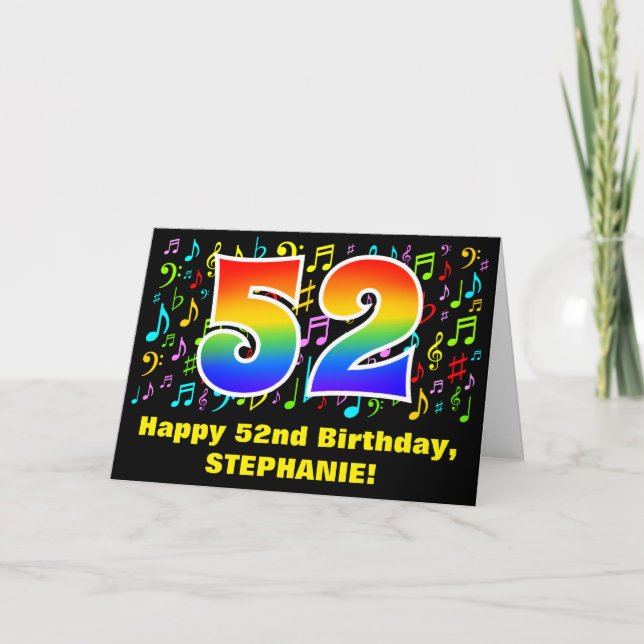 52nd Birthday: Colourful Music Symbols & Rainbow 5 Card (Front)