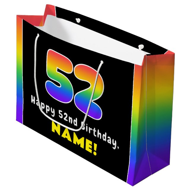 52nd Birthday: Colourful Rainbow # 52, Custom Name Large Gift Bag (Front Angled)
