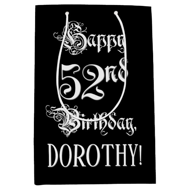 52nd Birthday: Fancy, Elegant Script + Custom Name Medium Gift Bag (Front)