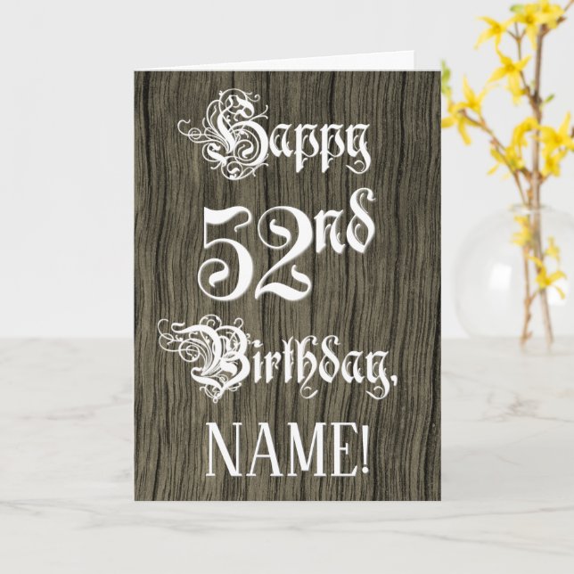 52nd Birthday: Fancy, Elegant Text; Faux Wood Look Card (Yellow Flower)