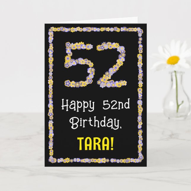 52nd Birthday: Floral Flowers Number, Custom Name Card (Small Plant)
