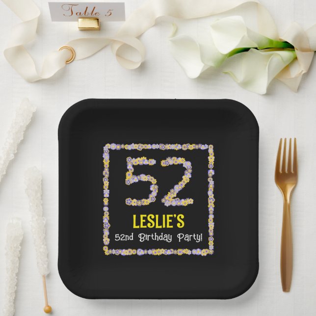 52nd Birthday: Floral Flowers Number, Custom Name Paper Plate (Wedding)