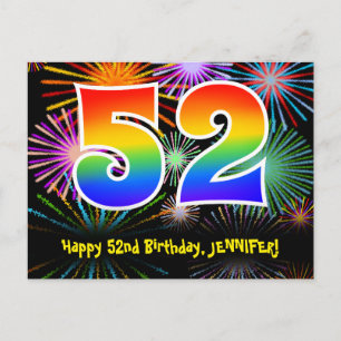 52nd Birthday – Fun Fireworks Pattern + Rainbow 52 Postcard
