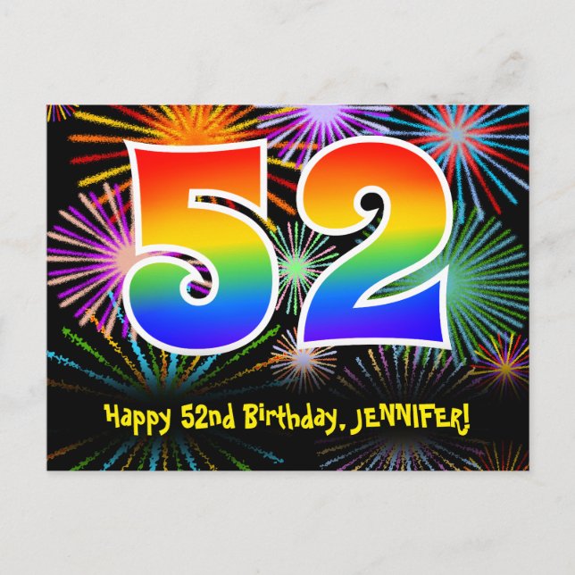 52nd Birthday – Fun Fireworks Pattern + Rainbow 52 Postcard (Front)