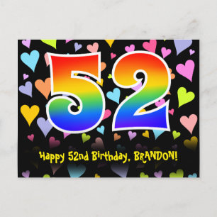 52nd Birthday: Fun Hearts Pattern, Rainbow 52 Postcard