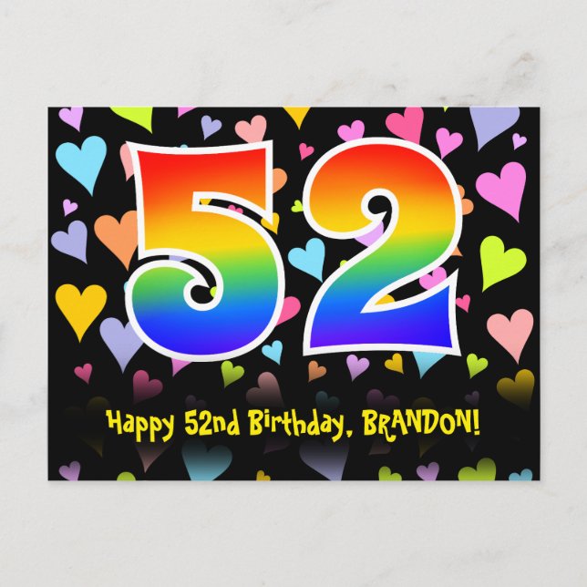 52nd Birthday: Fun Hearts Pattern, Rainbow 52 Postcard (Front)