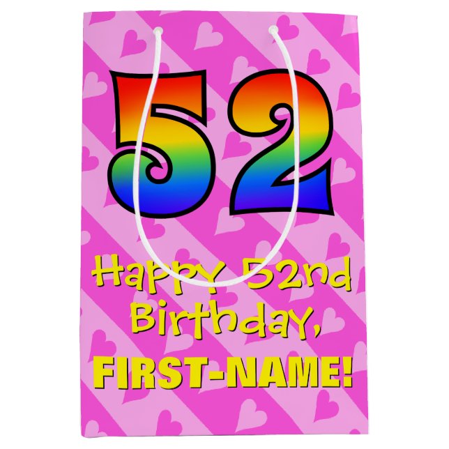 52nd Birthday: Fun Pink Hearts Stripes; Rainbow 52 Medium Gift Bag (Front)